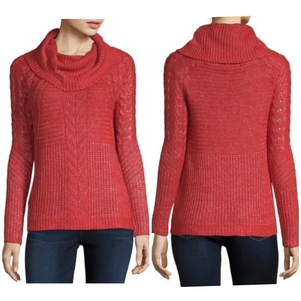 Liz Claiborne Red Cable Knit Cowl Neck Sweater Metallic Christmas Womens Sz XL
